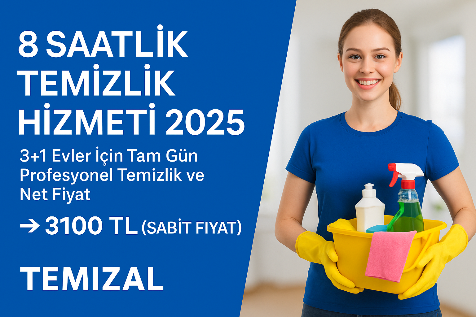 8 Saatlik Temizlik Hizmeti 2025 – 3+1 Evler İçin Tam Gün Profesyonel Temizlik ve Net Fiyat | Temizal